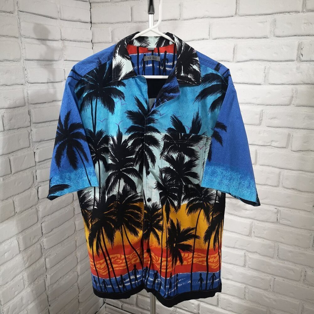 Y2 / Blu Men's Size XL Hawaiian Tropical Blue Print Made in India Casual Shirt